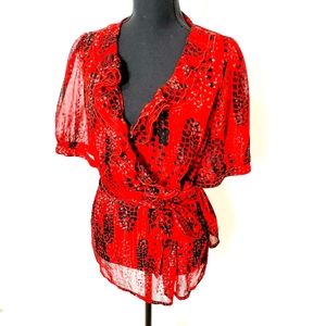 Studio 1940 Red & Black Faux Wrap Blouse